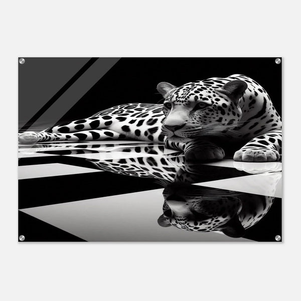 Leopard Acrylic Print on Black and White Checkered Floor – Glossy Finish Wall Art