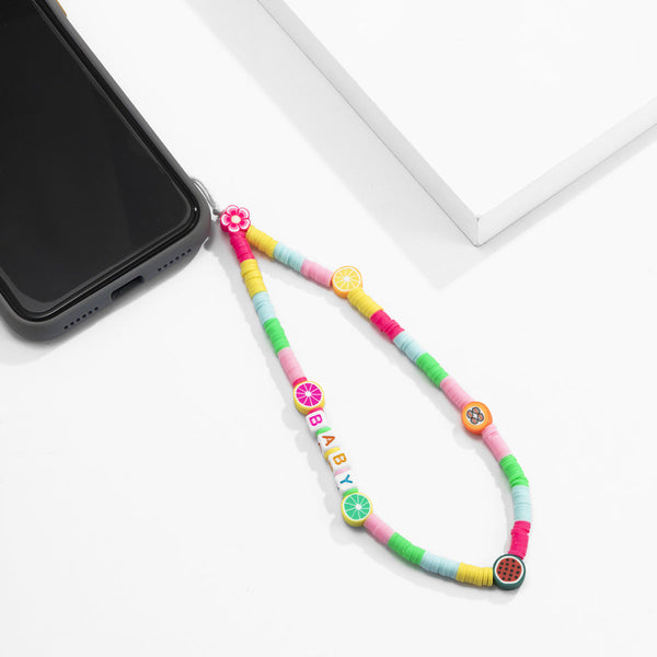 Simple color collision fresh fruit bead mobile phone chain geometric soft ceramic pendant rope chain