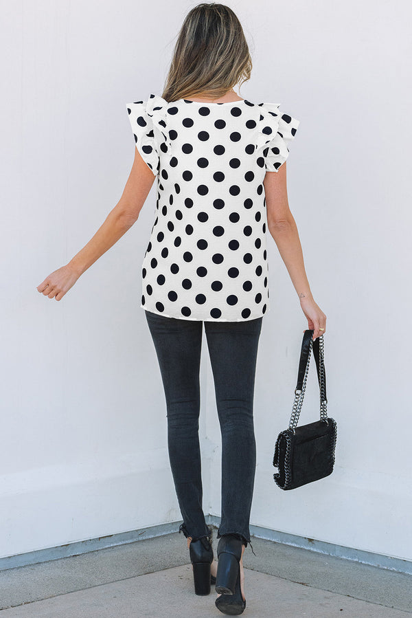 Halo Polka Dot Ruffled Sleeve V Neck Blouse