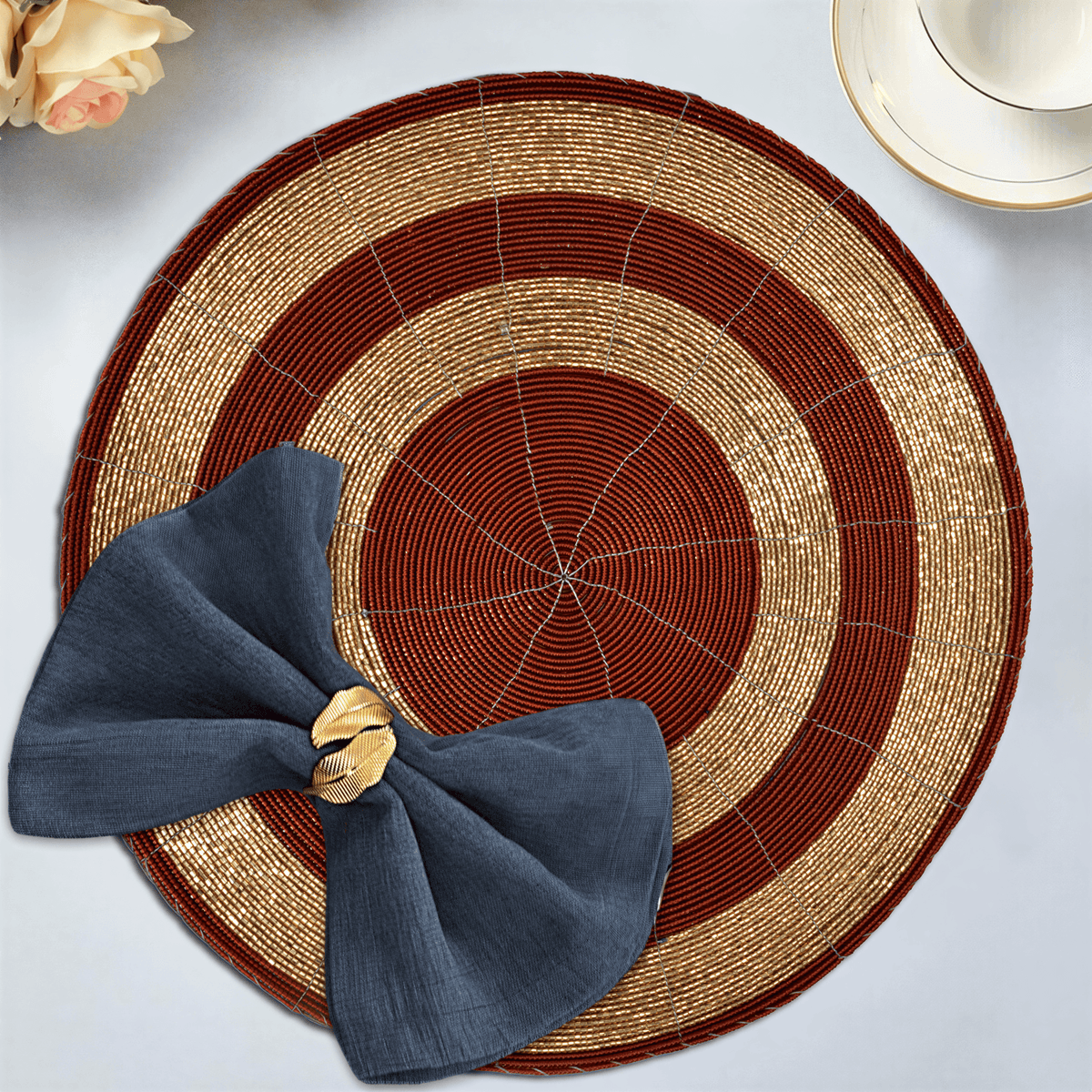 Beaded Placemats – Round Handmade Table Decor with Embroidered Beads, 14 Inch
