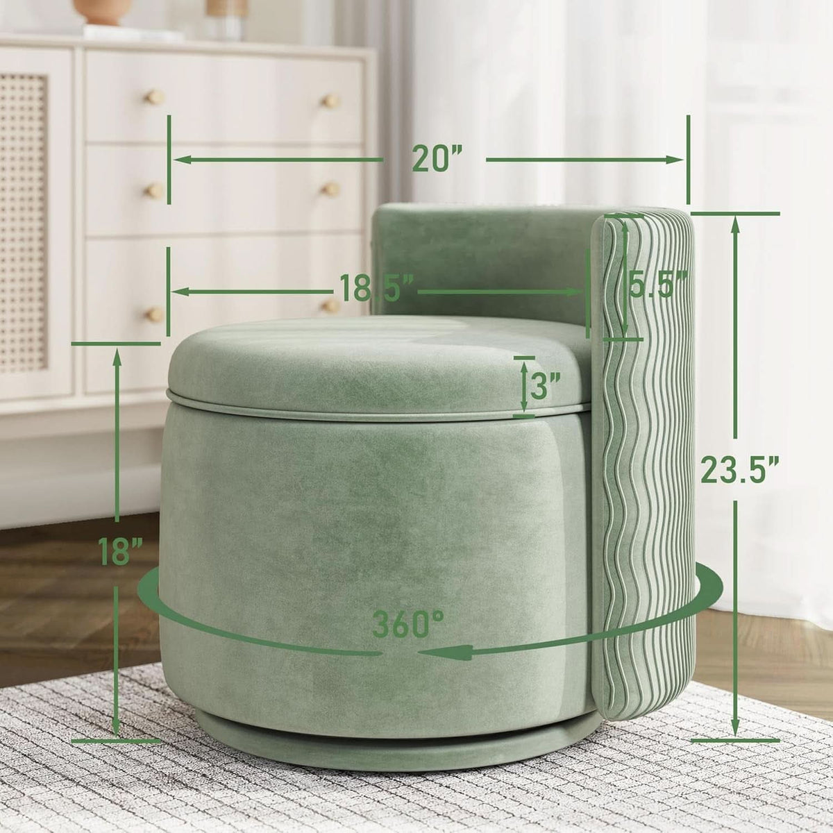 Emerald Velvet Vanity Ottoman With 360DegreeSwivel
