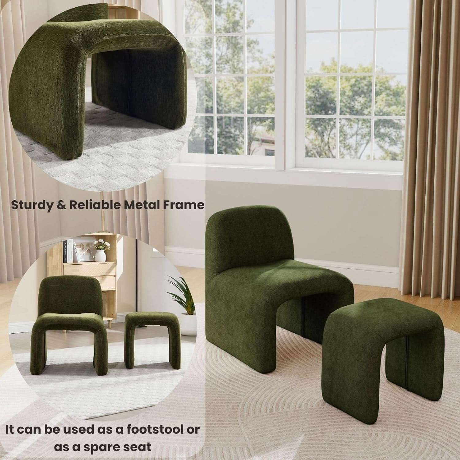Green Chenille Upholstered Accent Chair With Ottoman