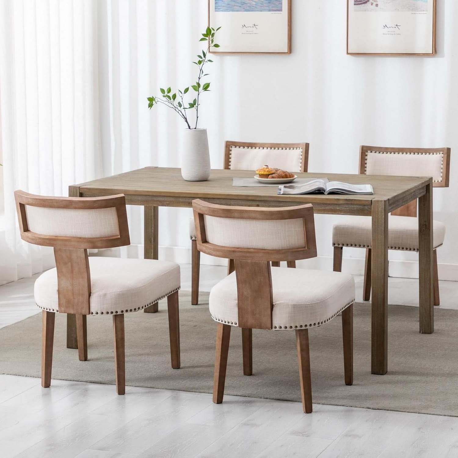 Mid Century Modern Armless Dining Chairs Beige Tone