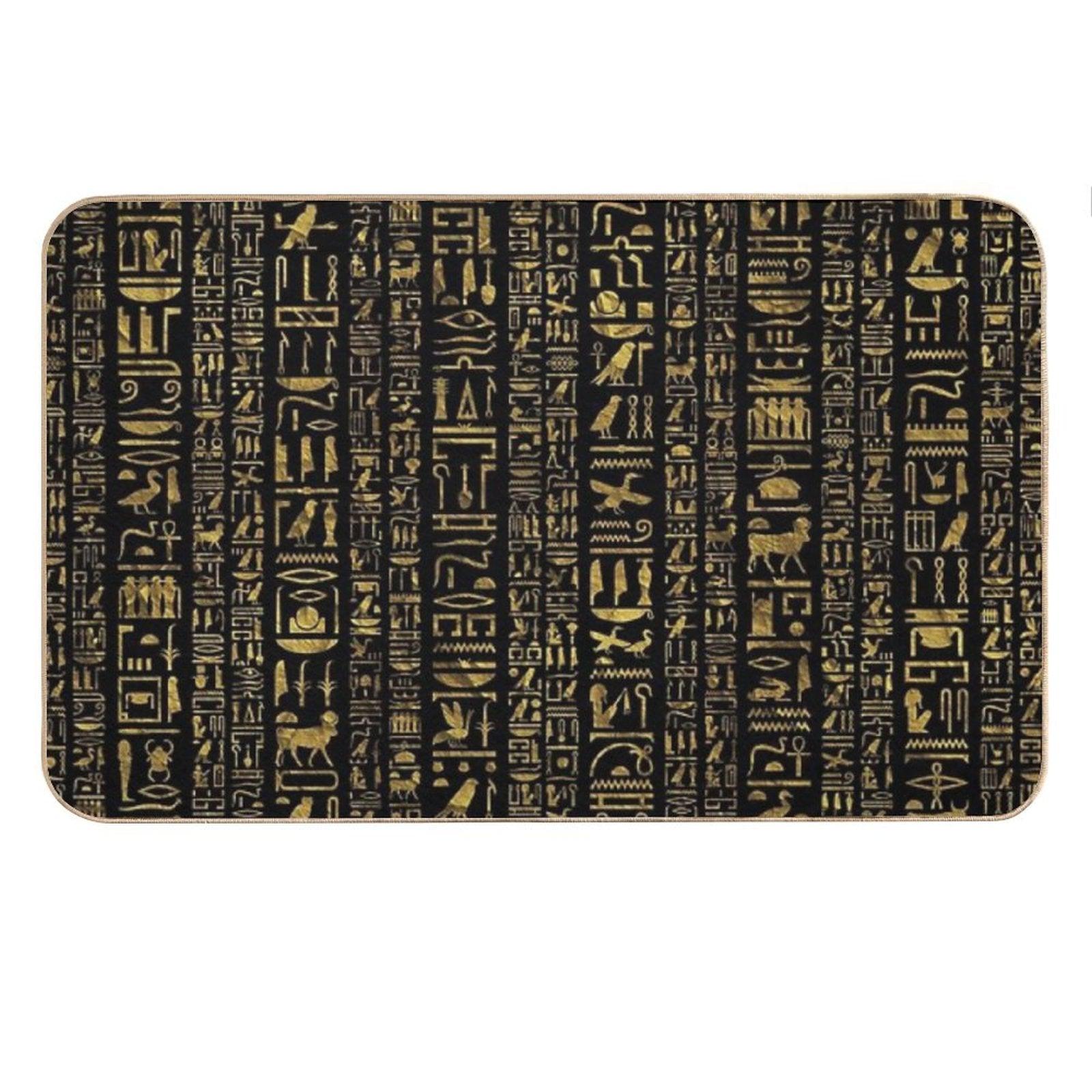 Egyptian Hieroglyphs Vintage Gld on Black Bath Mat