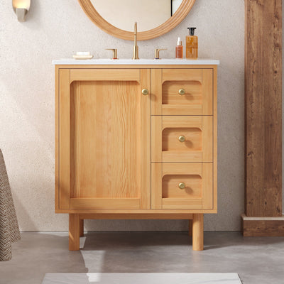 30 Inch Bathroom Vanity with Ceramic Sink, Bathroom Vanity with 3 Drawers, 1 large Soft Closing Door,  Farmhouse Bathroom Storage Cabinet , Ideal for Home
