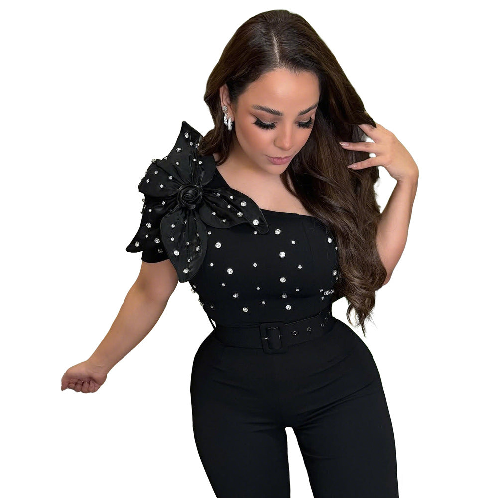 Sleeveless One-Piece Pants - European and American Style Off-the-Shoulder Short Sleeve Slim Fit