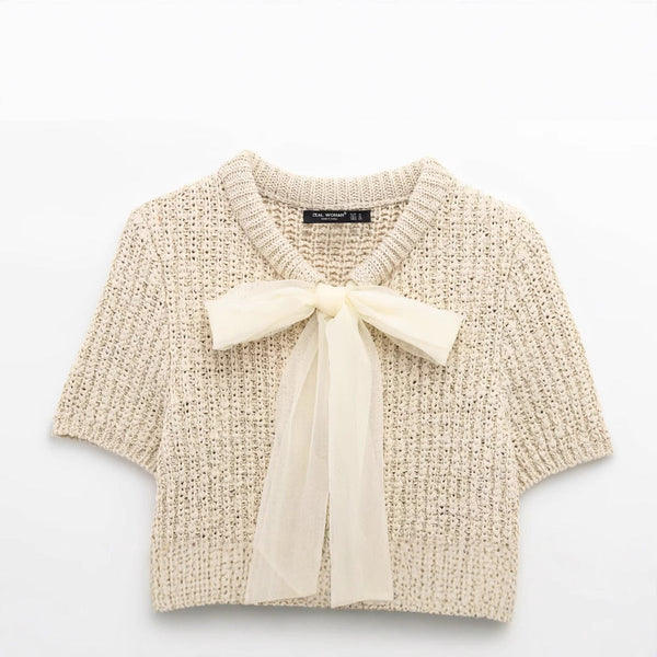 Fashionable transparent stiff yarn bow decoration knitted jacket