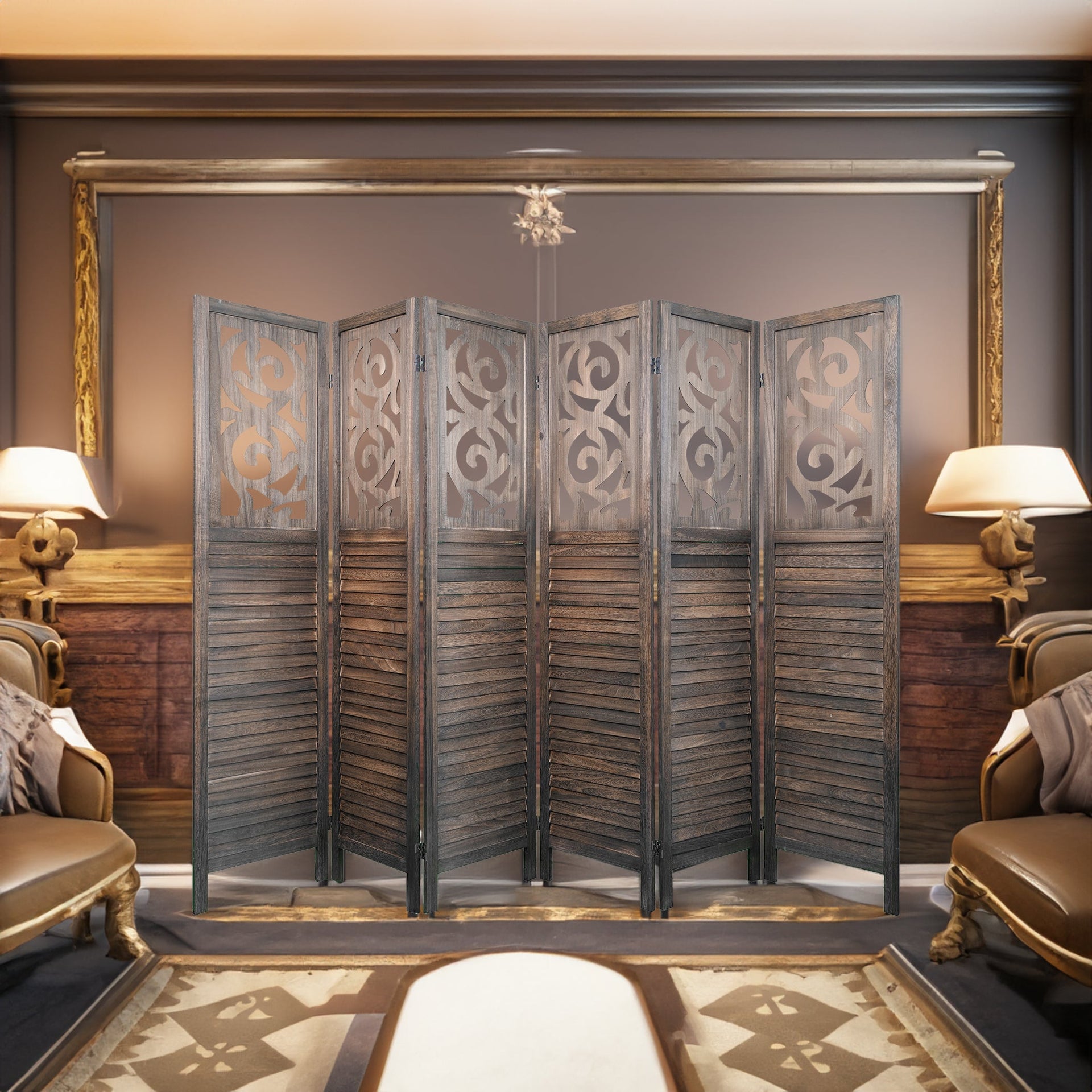 6 wooden partitions, 6FT carved wooden partitions, partition walls, wooden carved folding privacy screens, foldable brown color
