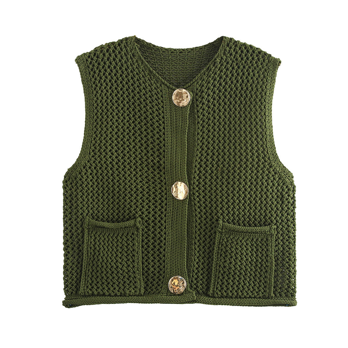 Street Fashion Crochet Hollow Vest Solid Color Versatile Round Neck Jacket