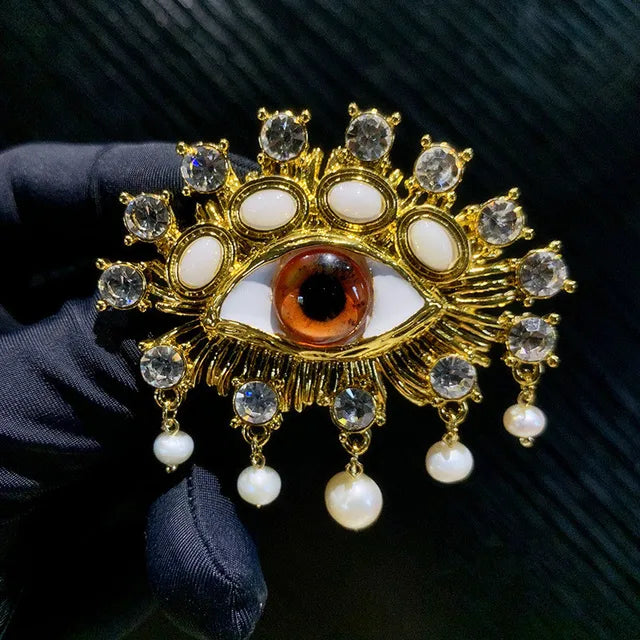 New Exaggerated Devil's Eye Brooch Baroque Pearl Tassel for Men Women Unisex Pin Jewelry European And American Vintage