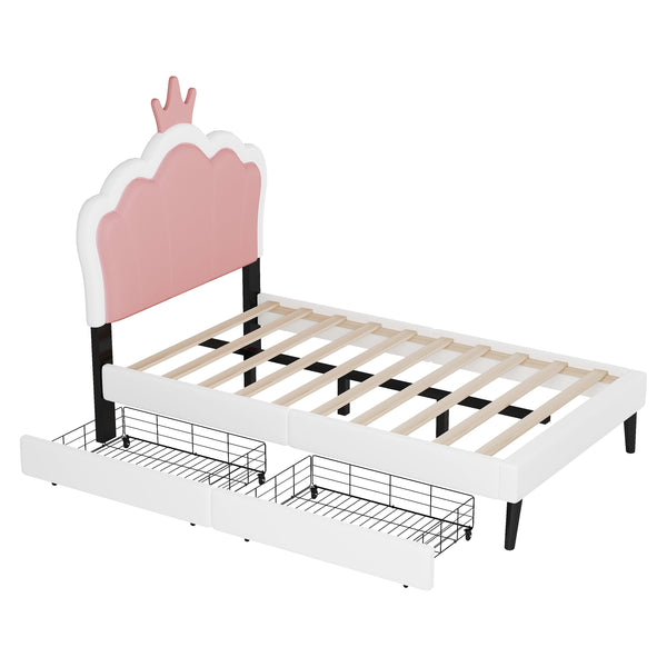 Twin cushion princess bed with crown headboard and 2 drawers with headboard and footrest, pink+white