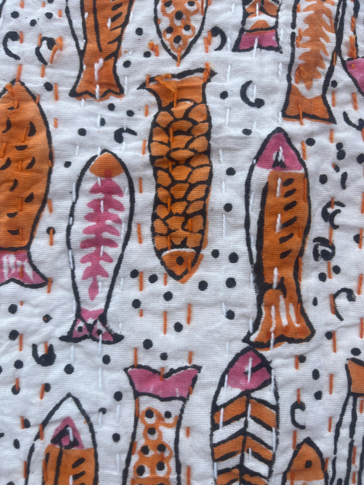 Orange Fishies Block Print Cotton Kantha Quilt (Events)