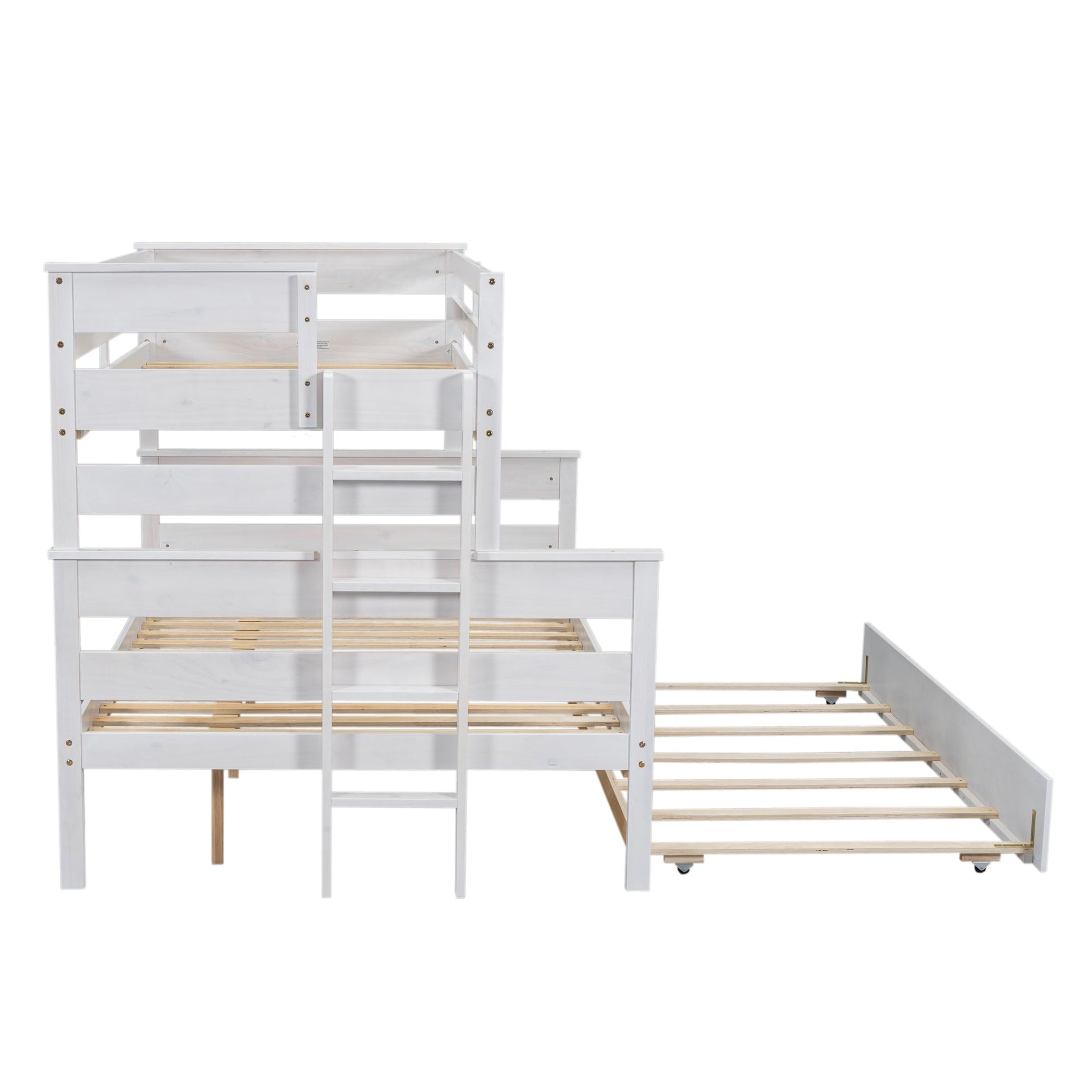 Wood Twin over Full Bunk Bed with Twin Size Trundle  White