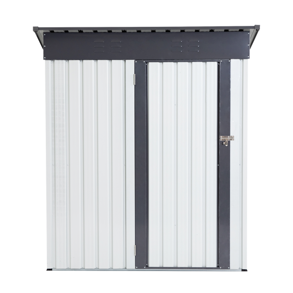 Metal storage shed with a slanted roof on a white background