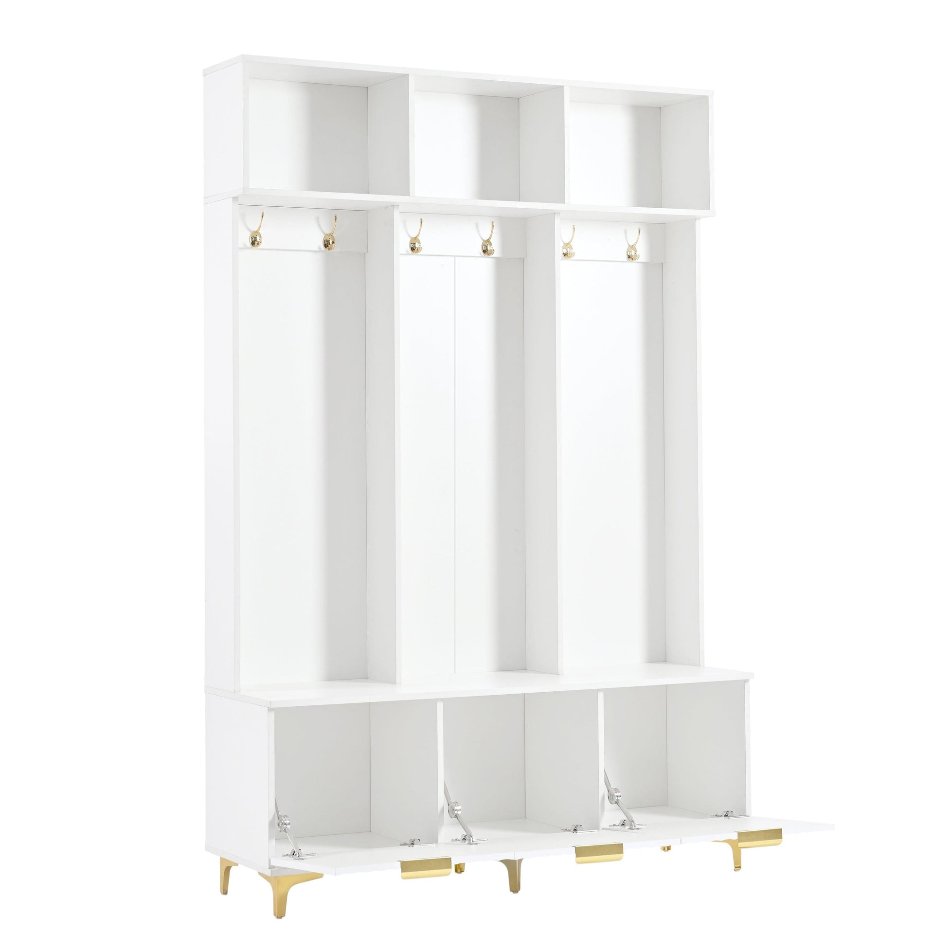 Large storage hall tree with bench, multifunctional storage platform, luxury clothes hanger equipped with 6 gold hooks
