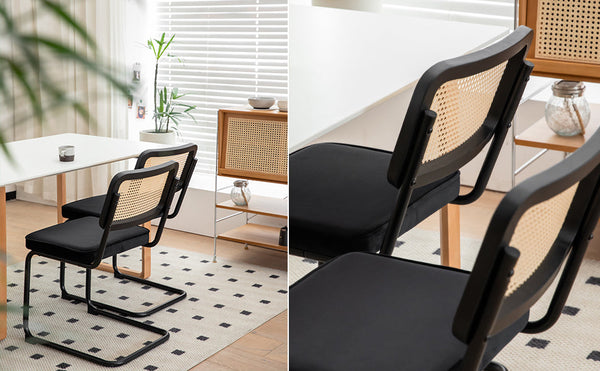 Dining Chairs Set of 2 velvet wicker side decorative chairs, black painted legs, modern medieval Bruell designed chairs,