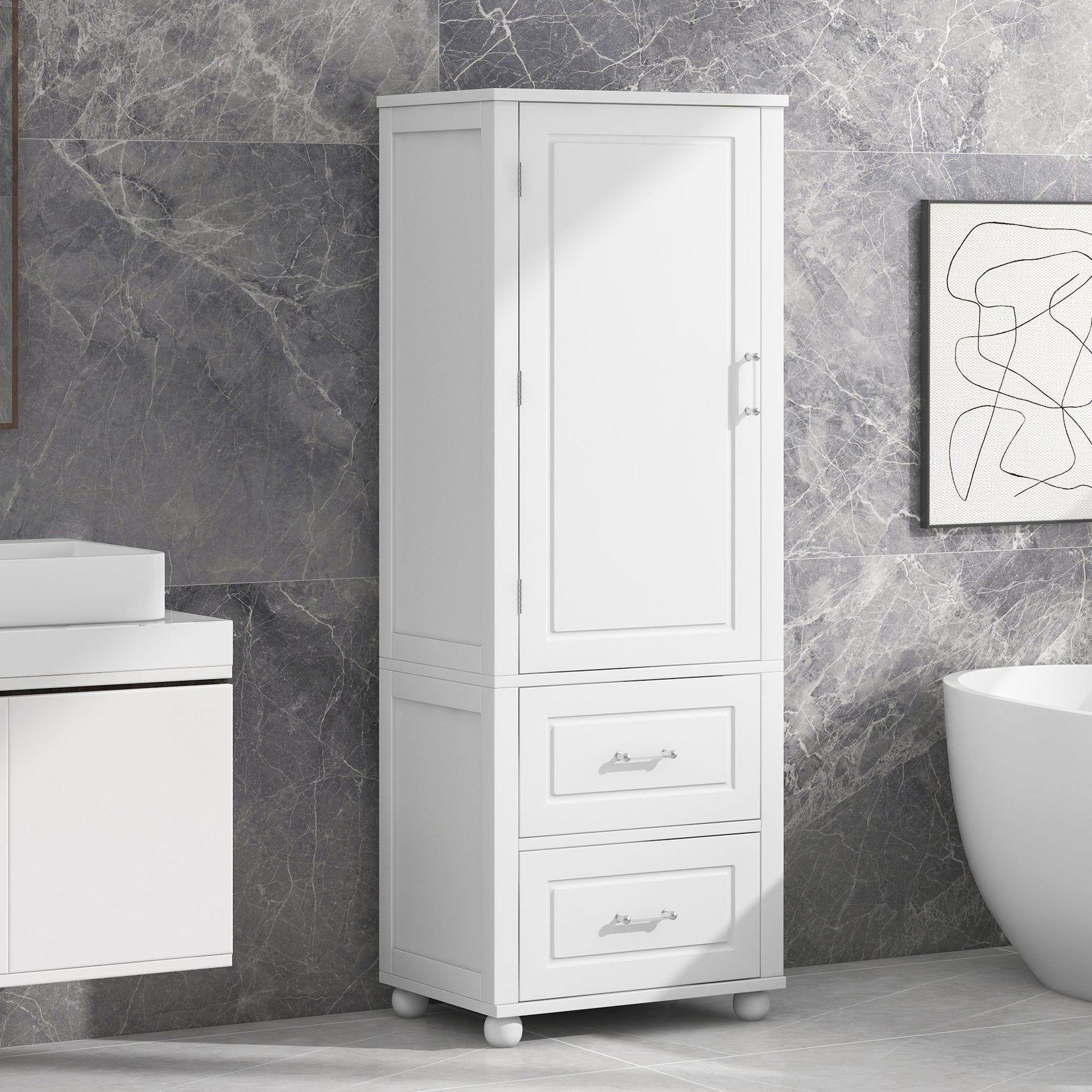 Tall bathroom storage cabinet with two drawers and adjustable shelves for independent storage