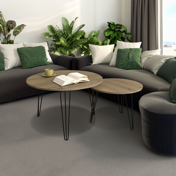 27.56'' Round Nesting Coffee Table Set of 2, Circular Nesting End Table Set  Sturdy Metal Base for Living Room, bedroom, Brown