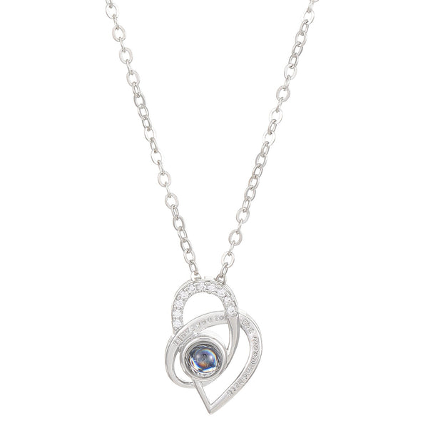 Diamond studded heart-shaped projection necklace in 100 languages. I love you, heart-shaped pendant, couple necklace