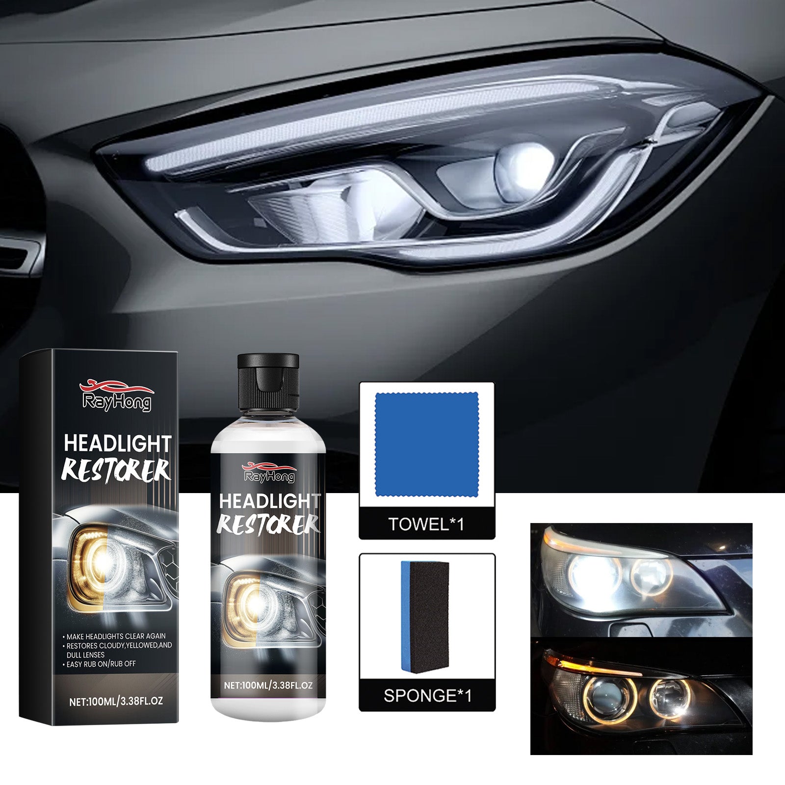 Headlight Restorer, Car Headlight Scratch Repair Refurbishment Maintenance Brightening Coating Polishing Fluid