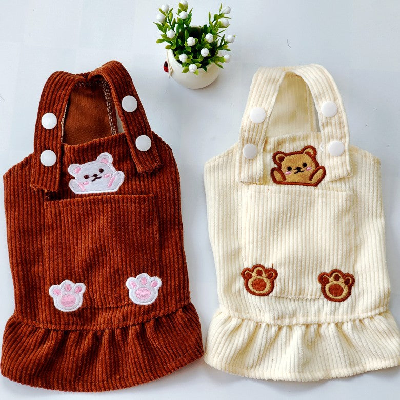 Pet Spring and Autumn Bears Embroidery Corduroy Strap Dress Cat Dog Clothes Teddy Korean Bibear Pomeranian VIP