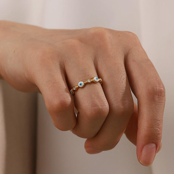 18K gold-plated stainless steel devil eye open ring Fashionable and versatile titanium steel ring for women