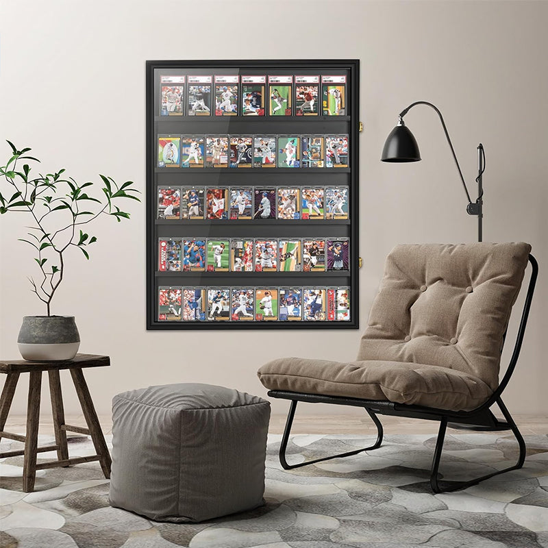 Large Sports Card Display Cases. Wooden, UV - protected acrylic fronts. For football, basketball, hockey cards.