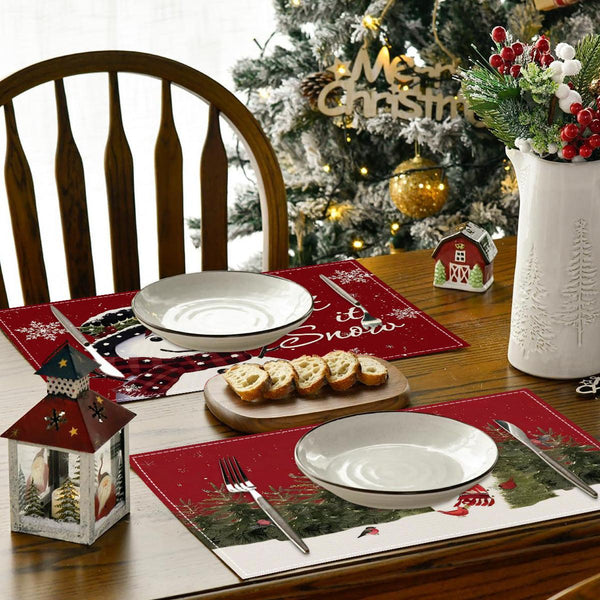 Christmas Snowman Linen Meal Mat Snowflake Grid Printed Table Mat Christmas Party Decoration Insulation Mat Holiday Decoration