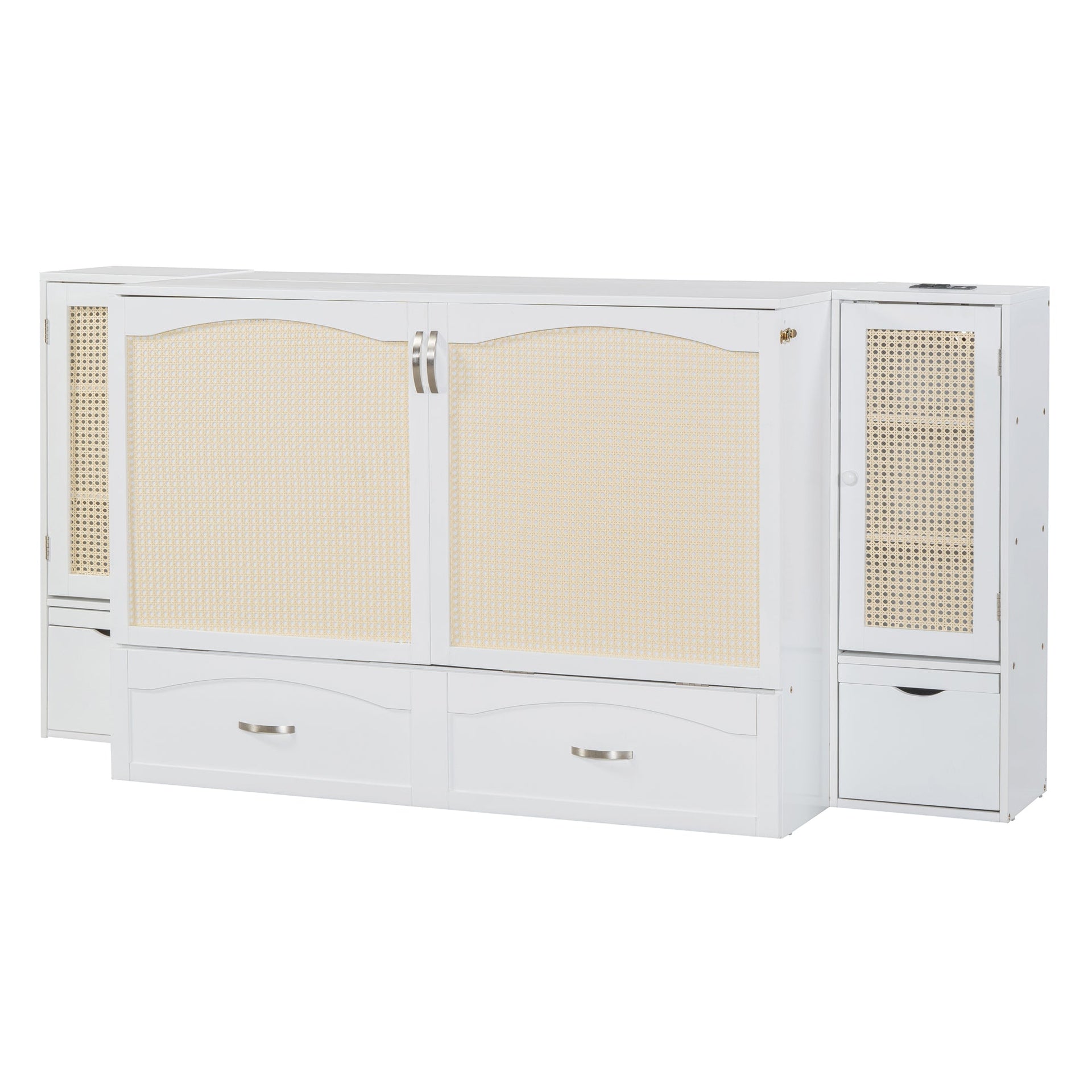 Large Murphy bed wall mounted bed with drawers, 2 storage cabinets, 1 set of sockets and USB ports, white