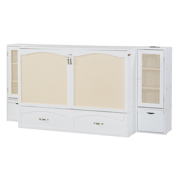 Large Murphy bed wall mounted bed with drawers, 2 storage cabinets, 1 set of sockets and USB ports, white