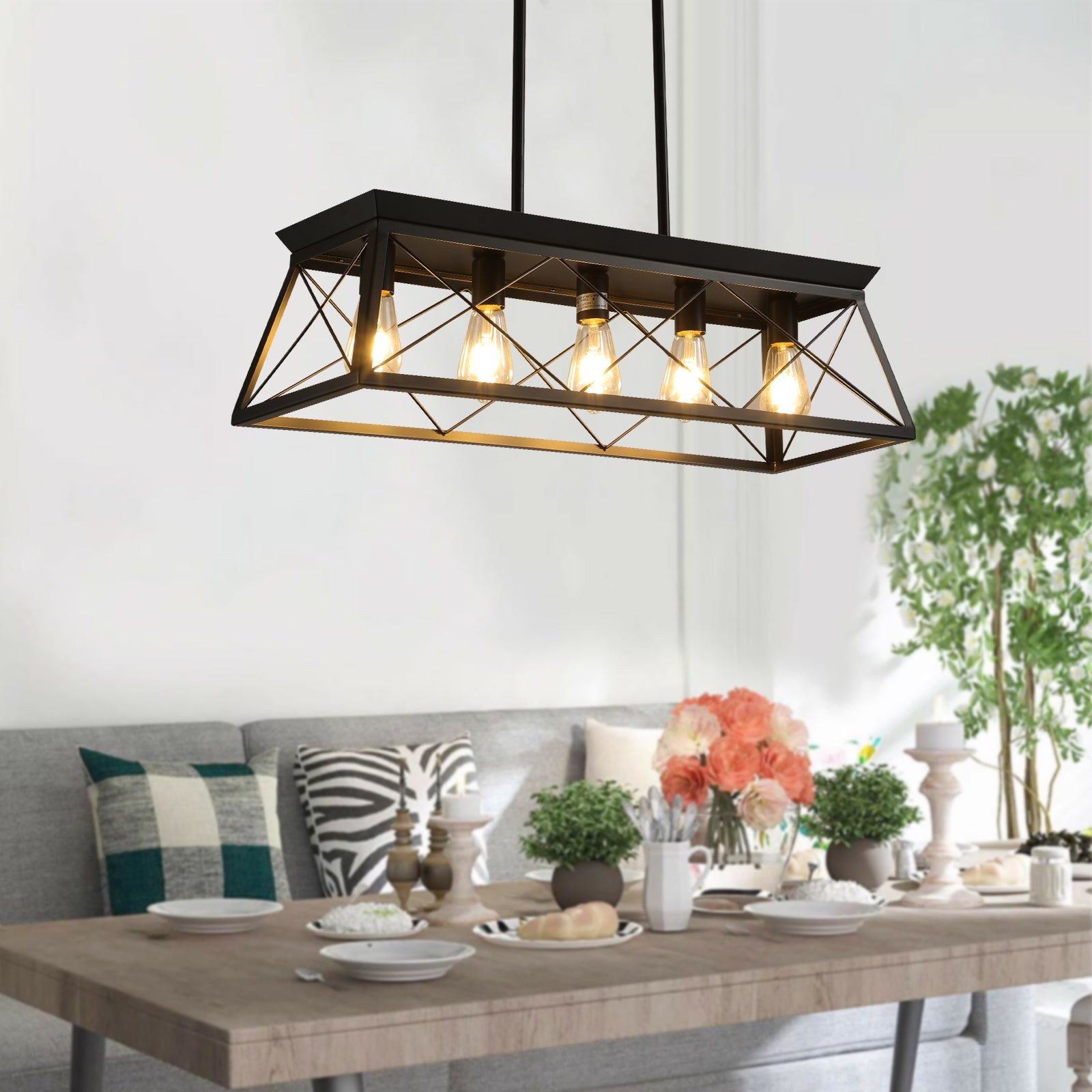 5-light farmhouse pendant light, metal pendant light island fixture, modern rectangular island light, pure black (no bulb)