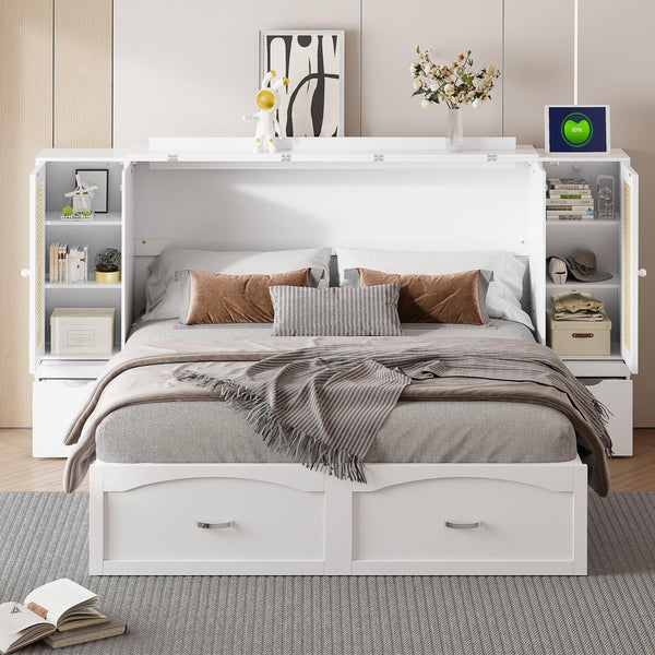 Large Murphy bed wall mounted bed with drawers, 2 storage cabinets, 1 set of sockets and USB ports, white