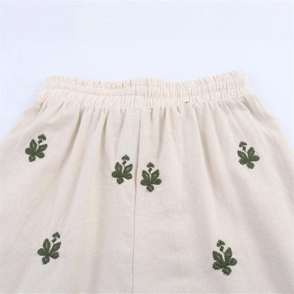 Elastic Waist Tied Embroidered Wide Leg Pants for WomenStyle Fashion Casual