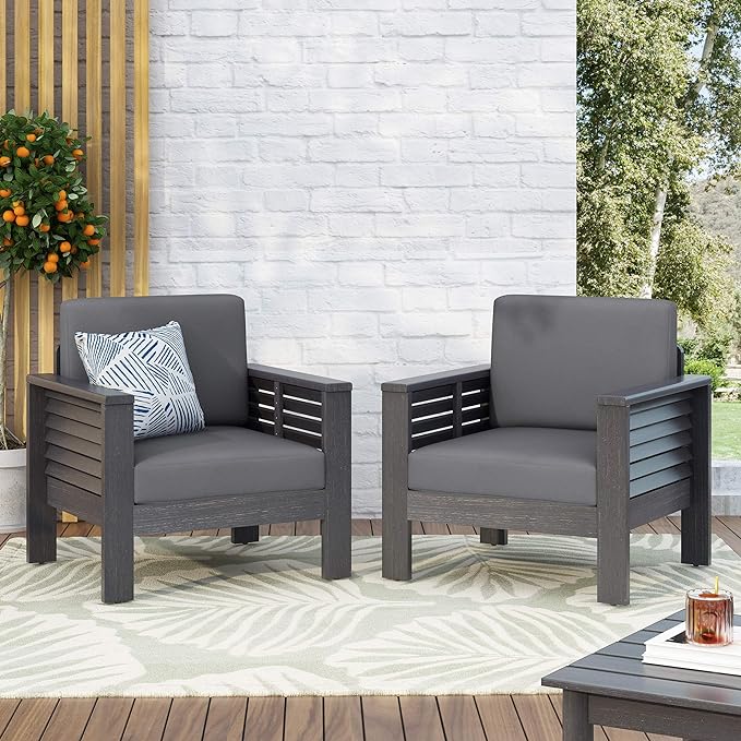 ( Set of 2) Outdoor Acacia Wood Club Chairs with Cushions, Dark Gray, 27.75
