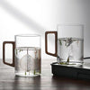 High end green tea cup with walnut handle and lid. High temperature resistant glass office drinking cup