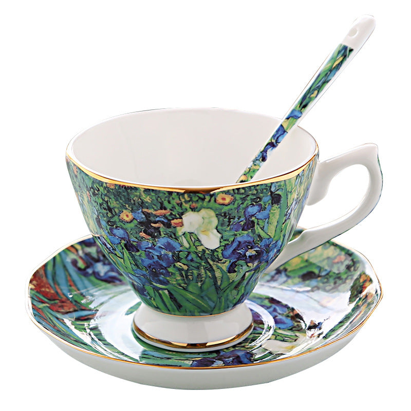 British Luxe Saucer and Spoon Afternoon Tea Cup with Van Gogh Oil Painting Design, Bone China Coffee Cup, Creative Souvenir Ceramic Mug