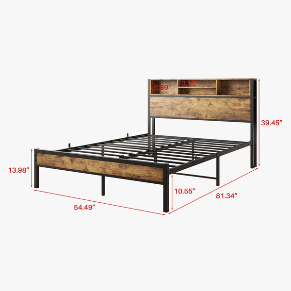 Full Size Bed Frame with Storage Headboard Metal Platform Bed with Charging Station Black