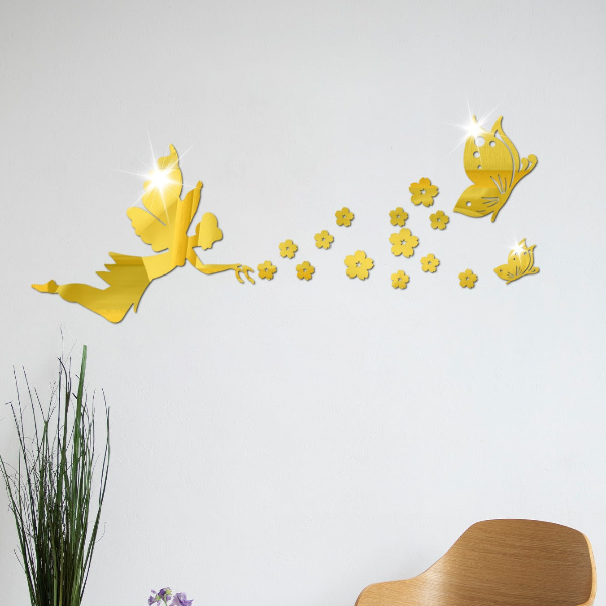 Angelic Flying Mirror Wall Stickers, Fairy Scattering Flowers Acrylic DIY Decorations for Living Room and Dining Room, New Arrival Butterfly and Flower Designs