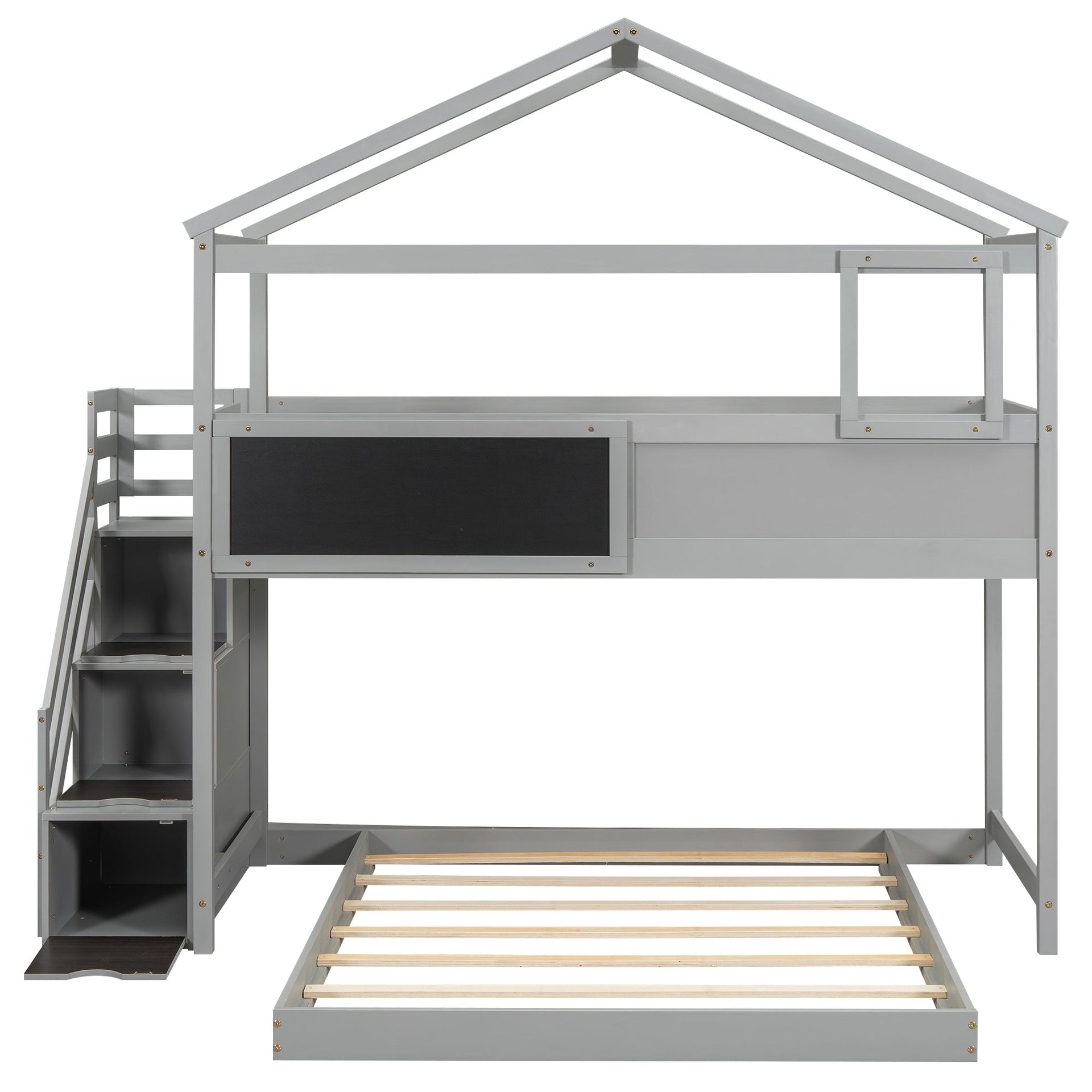 Twin over Full House Bunk Bed with Storage Staircase and Blackboard Gray