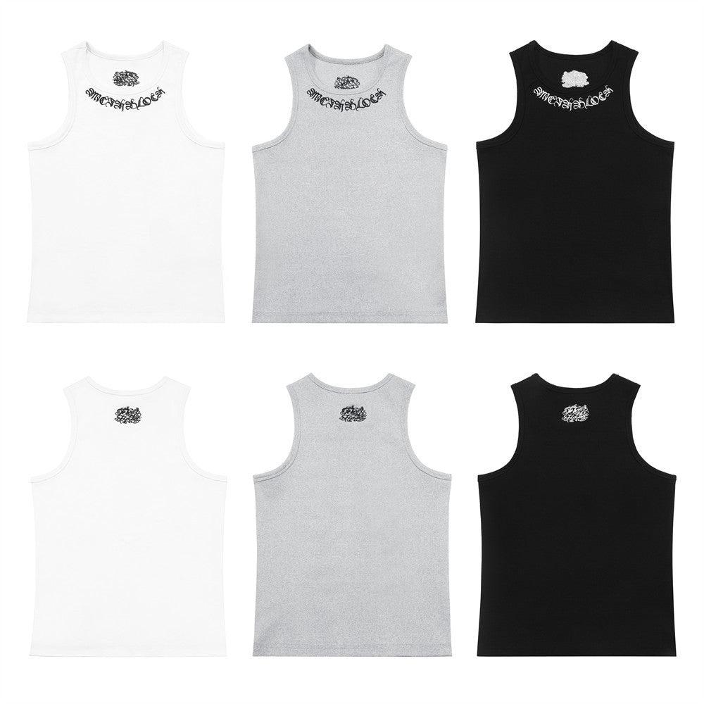 Gothic Letter Embroidery Ribbed Tank Top Men's Sports Fitted Casual Striped Sleeveless T-Shirt