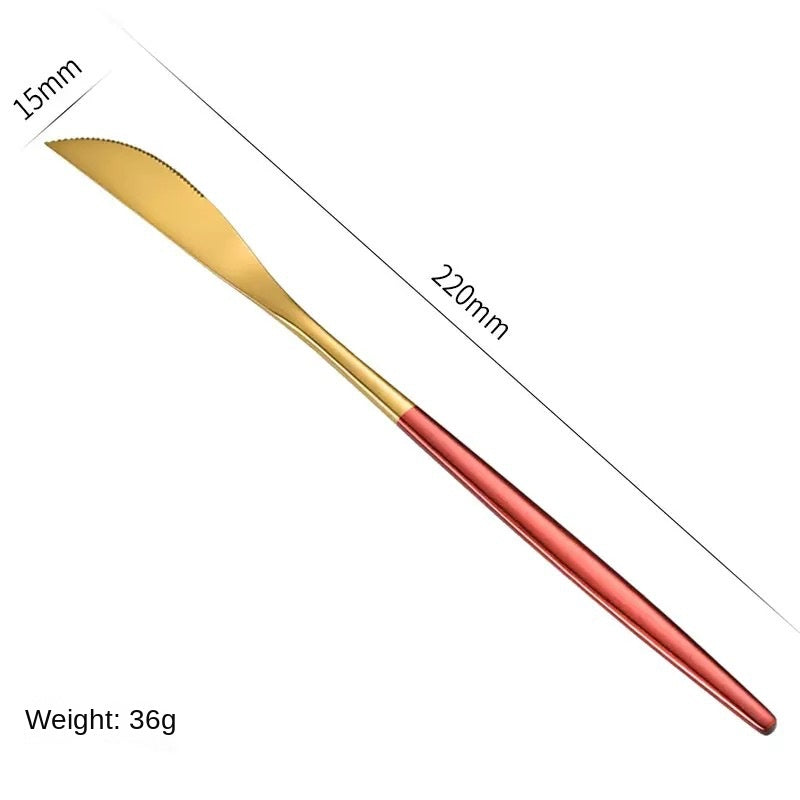 Stainless Steel Cutlery Set with Portuguese Gold Spray Painted Steak Knife, Fork, Spoon, and Tea Spoon 4-Piece Gift Pack