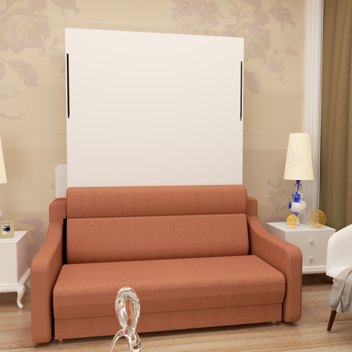 Full size Morden Deisgn vertical Murphy bed with sofa and drawers, white wall bed, space saving hidden bed with new gas pillars