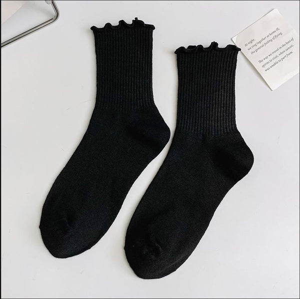 1 pair of ruffled JK socks for women mid-tube spring, autumn and summer solid color Japanese lace pile socks - Gifts for You 'n Me