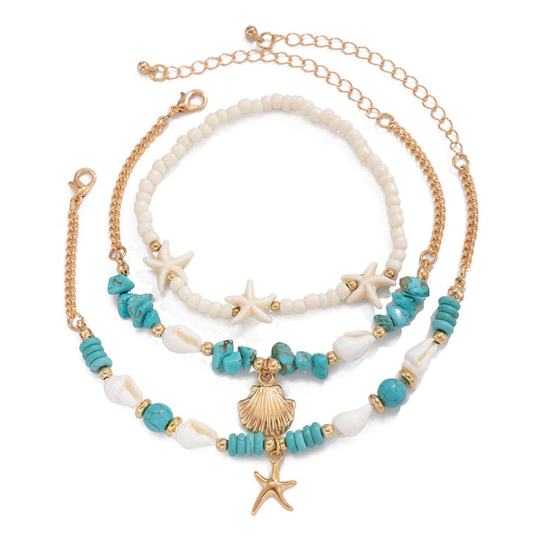 Vacation beach style turquoise set with special dense chain, simple starfish multi-layer rice bead ankle chain