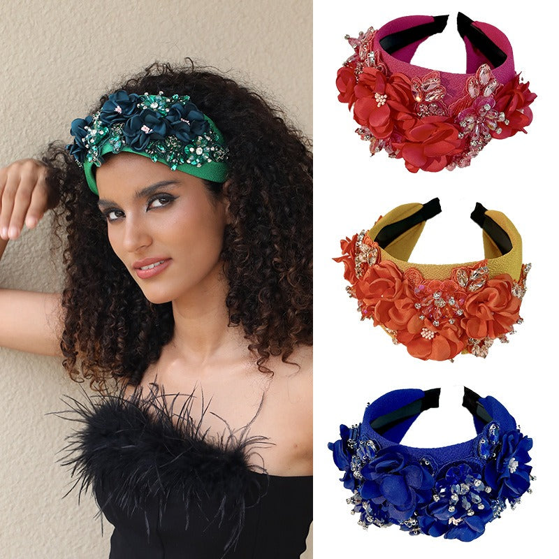 Solid color fabric flower oversized wide edged crystal headband