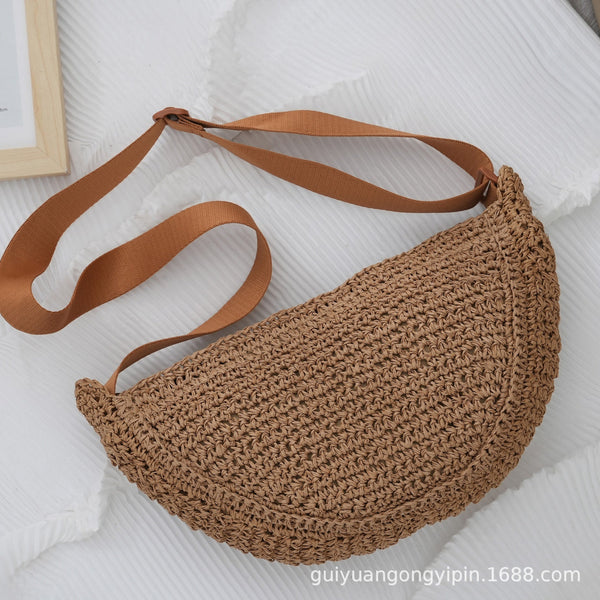Sports Crossbody Bag Handmade Woven Dumpling Bag Breathable Semicircle Bag Versatile Rattan Bag Summer Beach Bag for Women Luxury