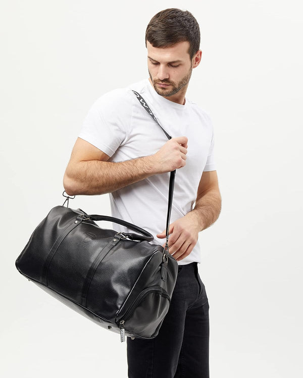 17.7 inch Gym Duffle Leather Bag with Shoe Compartment for Sports Travel - Adjustable Shoulder Strap, Weekender Travel Overnight Bag for Men