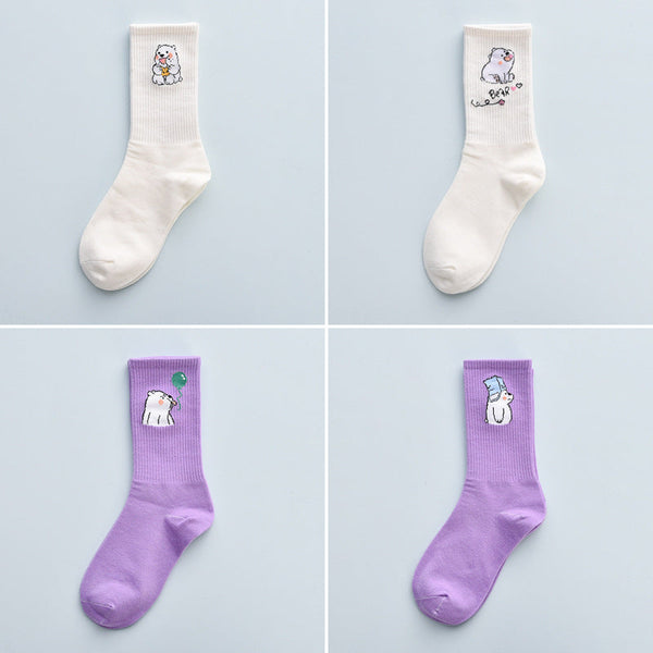 4Pair Spring And Summer Combed Out Of Pure Cotton Socks Mid Waist Fashion Bear Socks Cute Animal Socks Kawaii Cute Cartoon Purple College Socks For Men And Women
