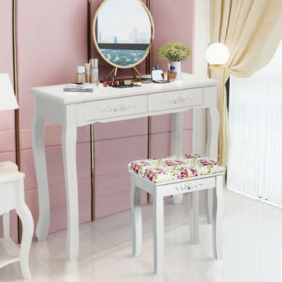 Vanity Wood Dressing Stool Padded Piano Seat with Rose Cushion-White