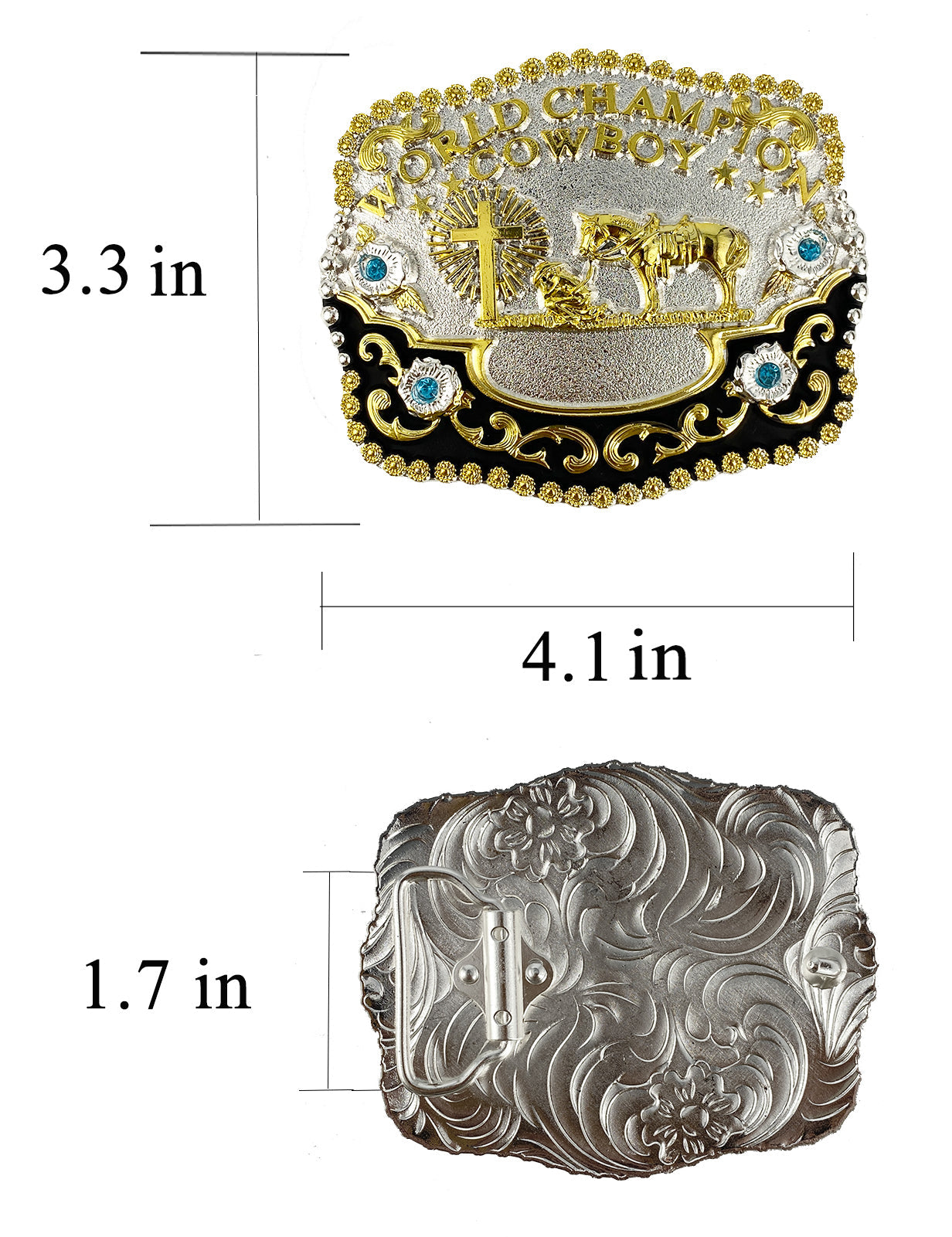 TOPACC 3D Rectangle Western Cowboy Horse Prayer Cross 'world champion cowboy'Belt Buckle